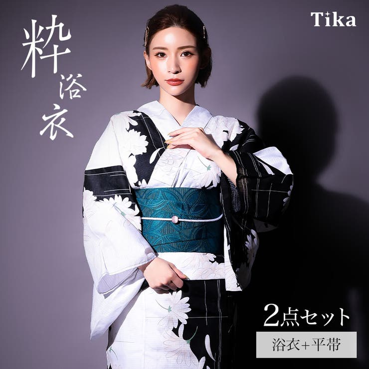 【10％OFFクーポン！7/26(日)1:59まで】Tika Tika 縞牡丹&times;流水浴衣2点セット レディース浴衣 平帯 レトロ浴衣 和服 和装 FREE ブラック&times;ホワイト 石原彩香 浴衣・着物｜SHOPLIST