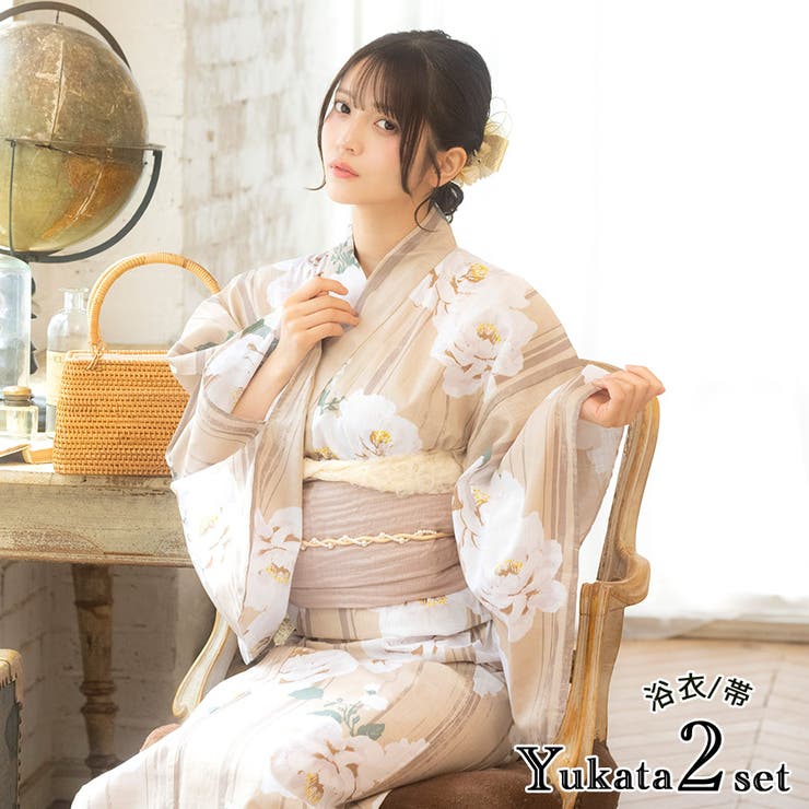 【10%OFFクーポン!7/26(日)1:59まで】Tika Tika 大輪牡丹レトロ縦縞浴衣2点セット 浴衣 兵児帯 レディース浴衣 レトロ浴衣 牡丹柄 アンティーク フリーサイズ モカベージュ×ピンクベージュ 黒嵜菜々子 浴衣・着物|SHOPLIST