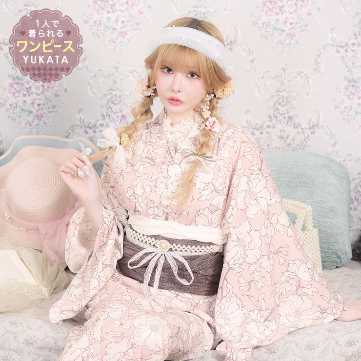 【10%OFFクーポン!7/26(日)1:59まで】Tika Tika 線画牡丹2wayワンピース浴衣3点セット 浴衣羽織 ワンピース 兵児帯 レディース浴衣 ガーリー浴衣 ワンピース浴衣 フリーサイズ ピンク ブラウン 戦慄かなの 浴衣・着物|SHOPLIST