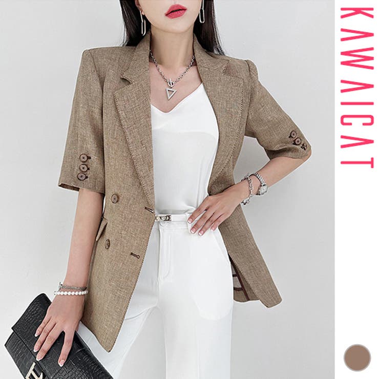 KawaiCat ジャケット レディース 半袖 五分袖 アウター リネン ダブルボタン 麻 ゆったり オフィス カジュアル 春 夏 韓国 to29376 アウター(コート・ジャケットなど)｜SHOPLIST