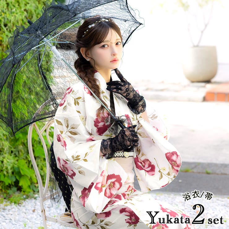 Tika Tika 椿柄レトロ浴衣2点書き割り 浴衣 兵児帯 レディース浴衣 ガーリー浴衣 浴衣書き割り 無償性大きさ 白いこと 黒崎みさ 浴衣・御召しもの
