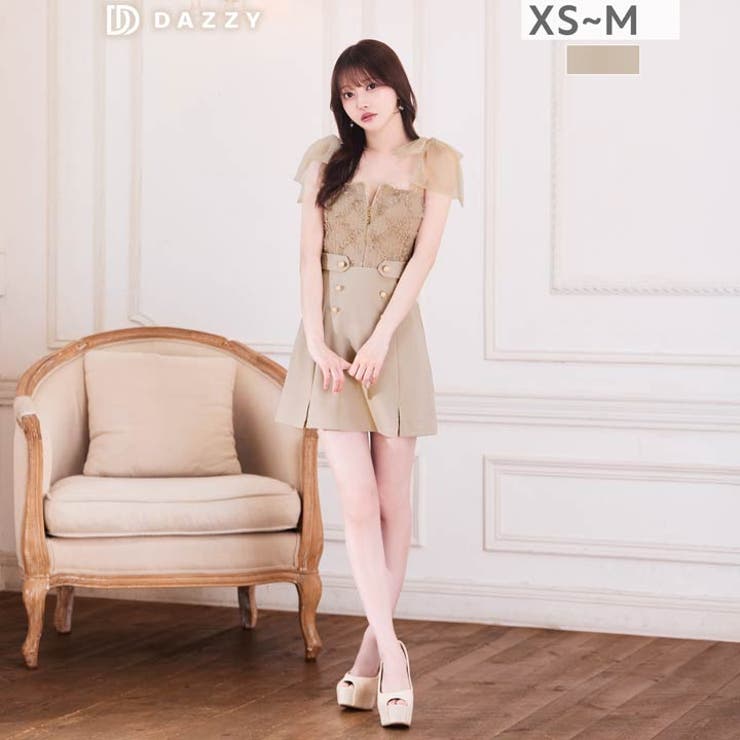Dazzy チュールリボンが雅びやか♪われ目ジップの襲撃肌魅せで婀娜やか美表現スタイルA伝達ルートミニ丈キャバドレス[XS~M/3大きさ詳しく述べる] 衣裳・御召しもの