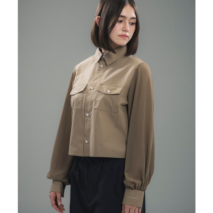 SHIFFON  +phenix 足し加えるアリゾナ州の州都 SHEER SLEEVE CROPPED SHIRT シアースリーブ クロップドシャツレディース 今めかしい かっこいい ブランド名 アウトドア 余暇 運動競技お召しもの トップス
