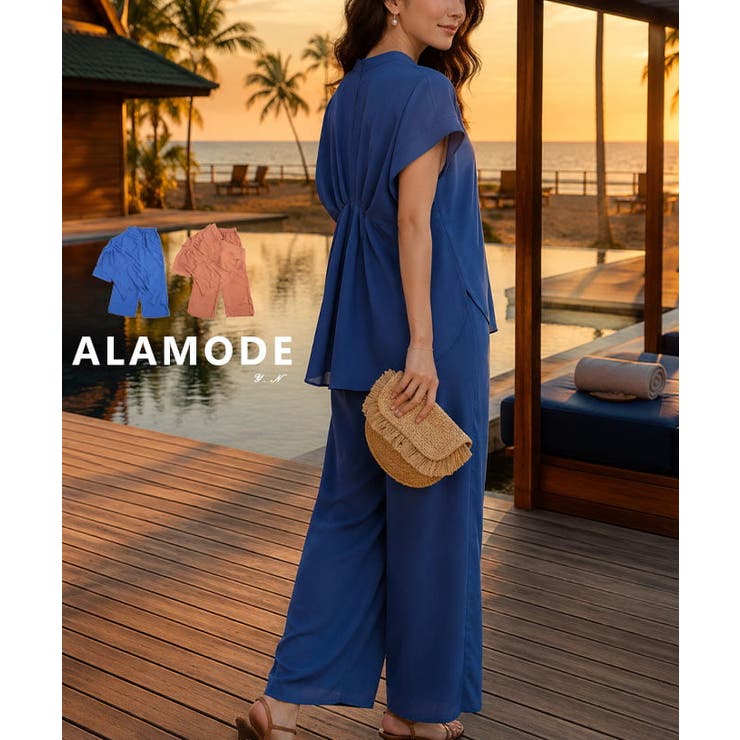 Sawa a la mode ゆったり軽やか纏うジョーゼットセットアップ レディース ブラウス ワイドパンツ 着回し 半袖 上下セット 総ゴム ゆったり カジュアル 春 春服 夏 夏服 30代 40代 50代 60代 アラモード alamode oton|SHOPLIST