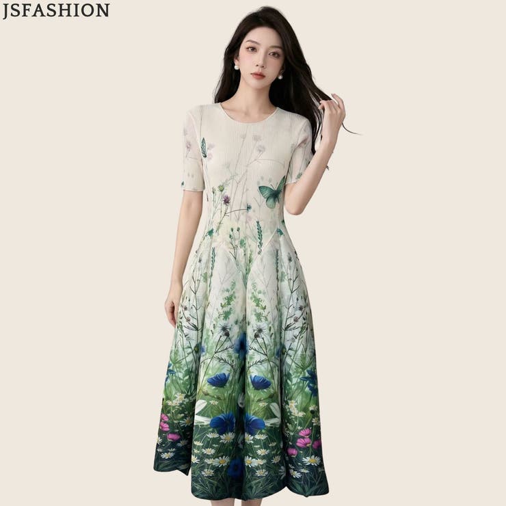 JS FASHION リゾートワンピース 半袖 花柄 ボタニカル柄 蝶柄 Aラインワンピース フレアワンピース 大人フェミニン 上品 きれいめ 夏 旅行 海辺 お出かけ レディース ワンピース・ドレス｜SHOPLIST
