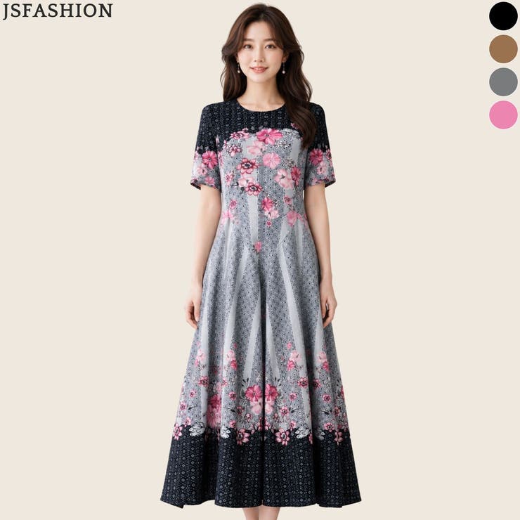 JS FASHION 花柄ワンピース 夏 ロングワンピース 半袖 立体プリーツ Aラインワンピース フレアワンピース 体型カバー 大きいサイズ レディース きれいめ 上品フェミニン 旅行 食事会 ネイビー ピンク ブラック グレー ピンク ブラウン ワン｜SHOPLIST