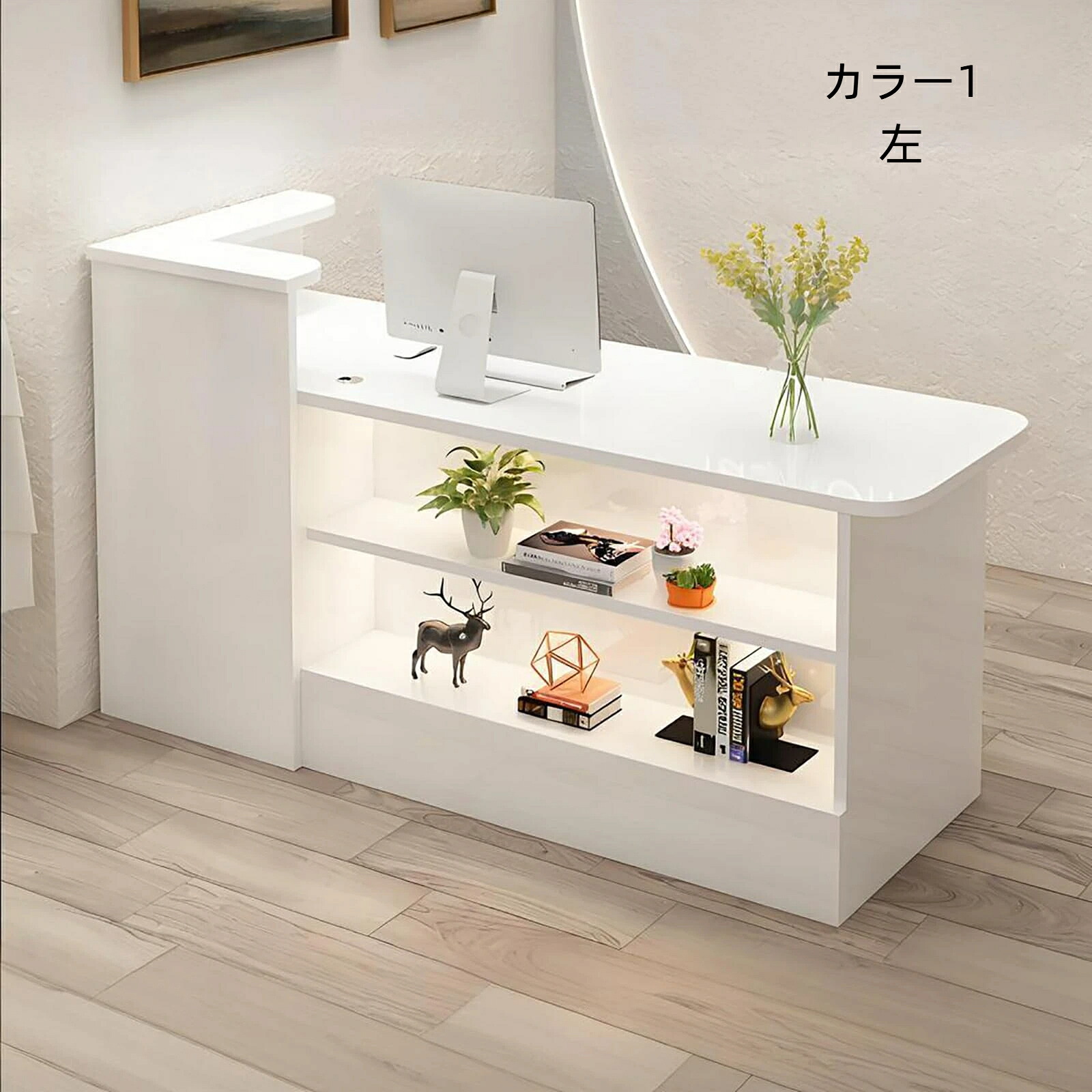 レジカウンター 受付カウンター 木製 フロントデスク 大容量収納 引き出し＆キャビネット付き LEDライト搭載 組立簡単 美容室 アパレルショップ オフィスフロント おしゃれ モダンデザイン