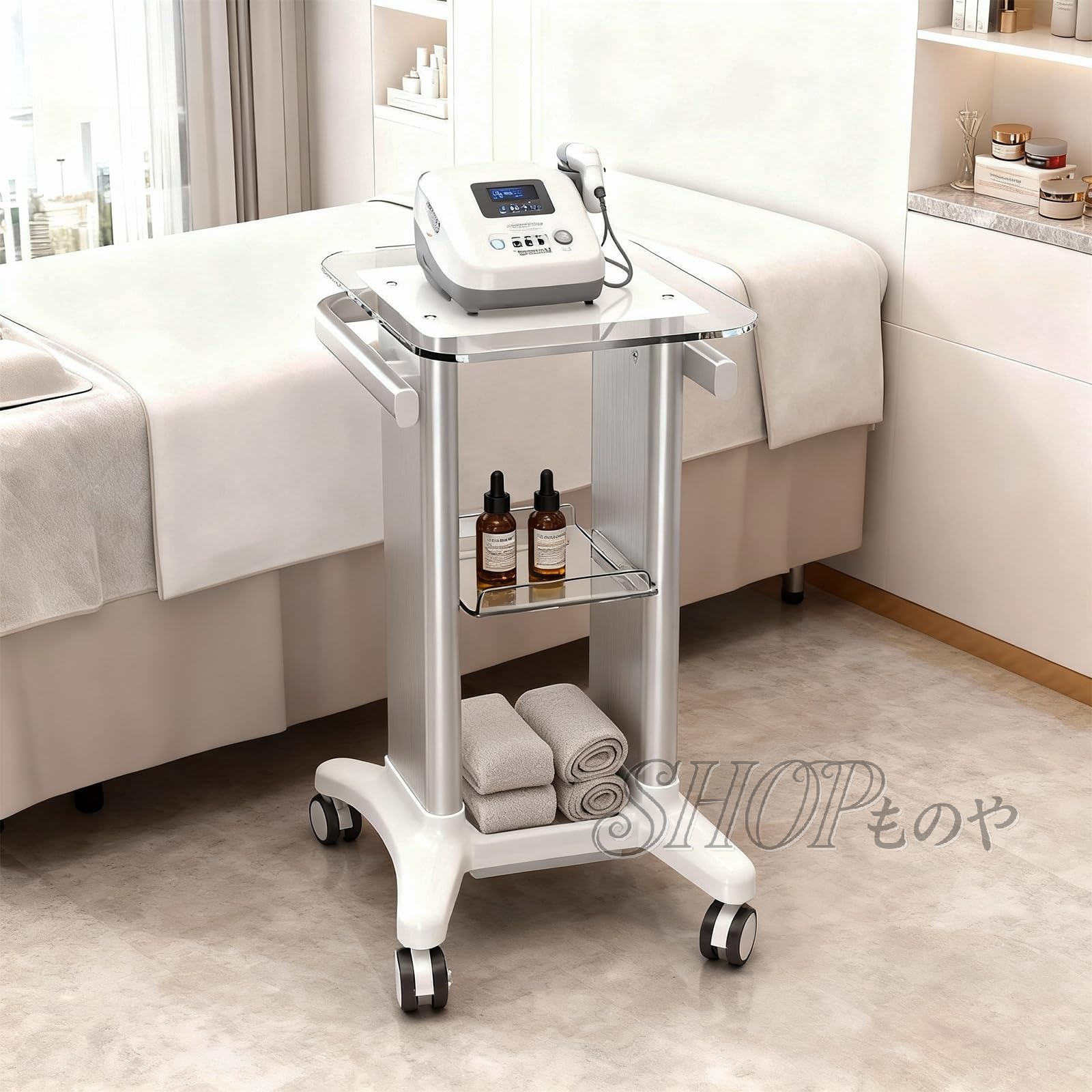美容車用カート エステ機器ワゴン 美容室ワゴン 4輪 透明トレイ付き キャスター ラック車輪付き 360度回転 ビューティートロリーカート取っ手 サロントロリー 機器ハンドトラック アクリル棚 ダブルアルミ支柱 2段収納 キッチン 移動便利 理髪店 脱毛サロン