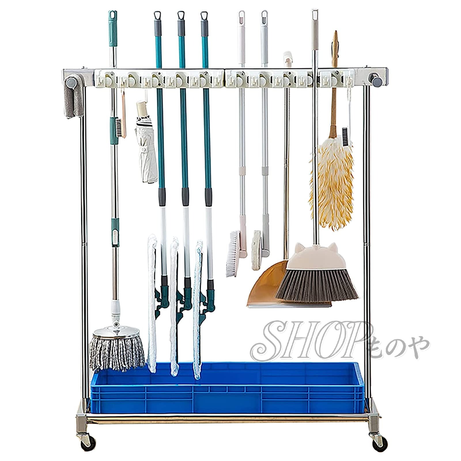 ほうきとモップホルダー掃除用具入れ 濡れたモップを移動可能 床取り付けモップラック 床置き掃除ツールカートストレージ ガーデン ガレージ 学校 病院 工場 ホテル キャスター付き モップ排水ラック、ベランダ収納 掃除道具