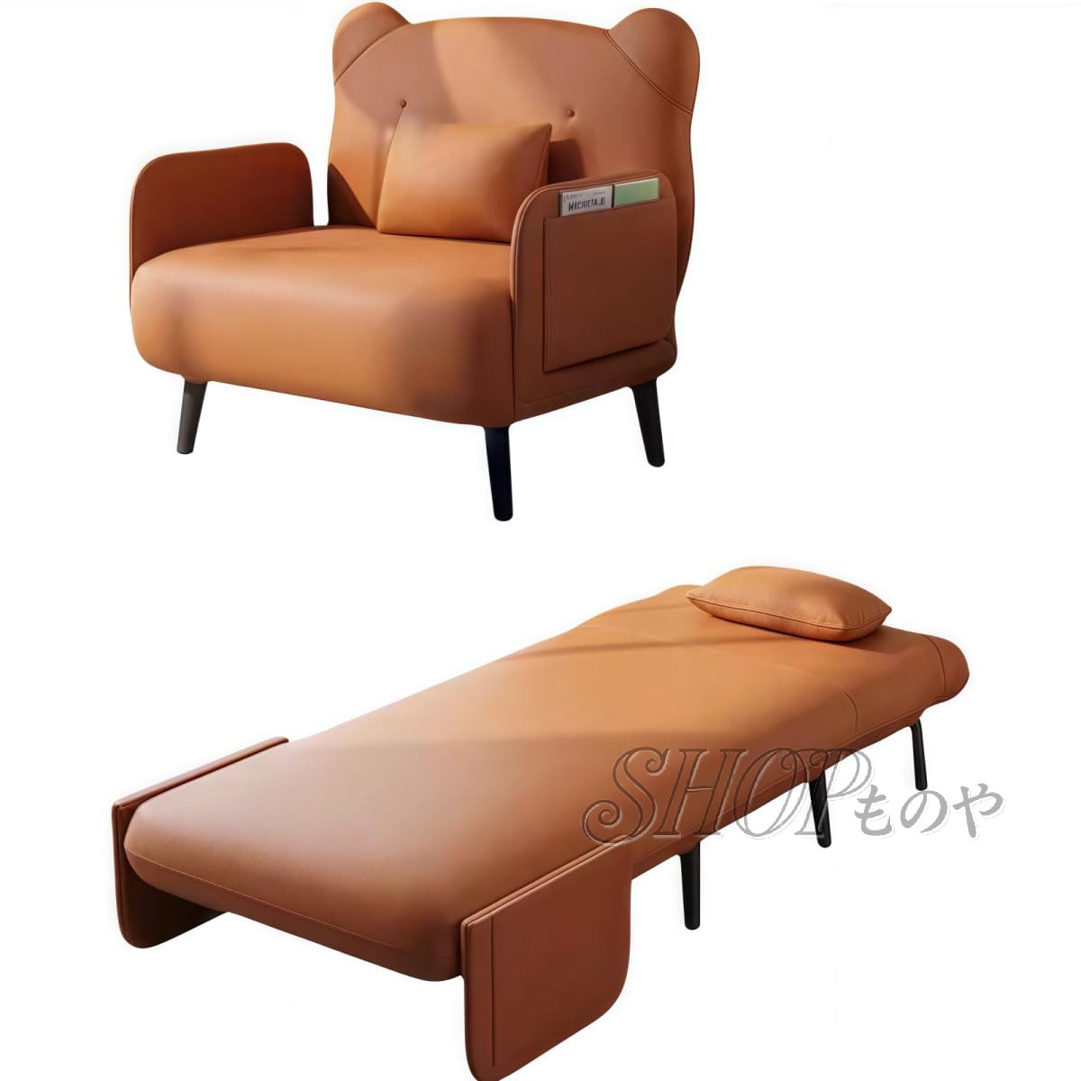ソファーベッド カウチソファー 折りたたみ 3WAY 猫のスクラッチクロス 1人掛け ローソファー シングルベッド クマ型 背もたれ ひじ掛け付き 一人用 コンパクト 省スペース 一人暮らし 来客用 かわいい おしゃれ 完成品 オレンジ 幅80CM|SHOPものや