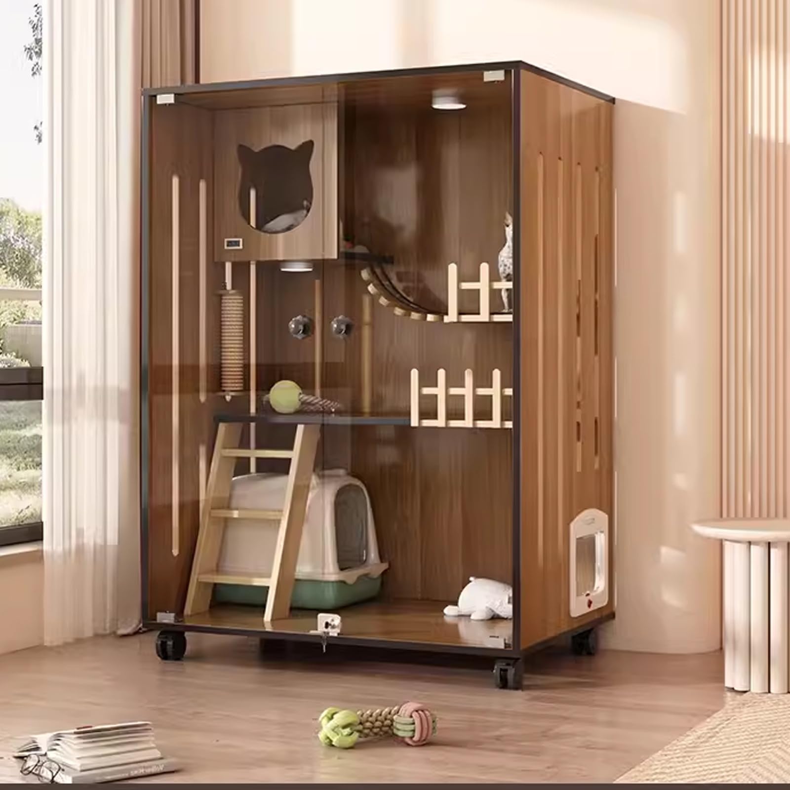 猫 ケージ、猫用ケージ、猫 ケージ 大型、木製多機能キャットハウス、猫用コンドミニアム、キャスター付き、木製、透明ドア 、ペット展示ケース大型、キャットケージ、屋外および屋内猫用 (ウォールナット色)