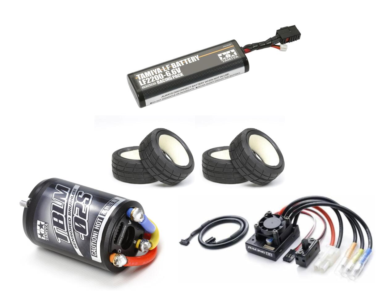タミヤ タミチャレGT レギュ 15.5Tブラシレスモーター,04SRアンプ,LF2200-6.6Vバッテリー,ミディアムナローレーシングラジアルタイヤ4本,4点セット 16,485円