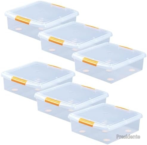 【送料無料】6個セット 薄型収納ボックス 幅47.5&times;奥行45&times;高さ16.5cm クリア/オレンジ 小物収納に便利｜Shop Presidente 店