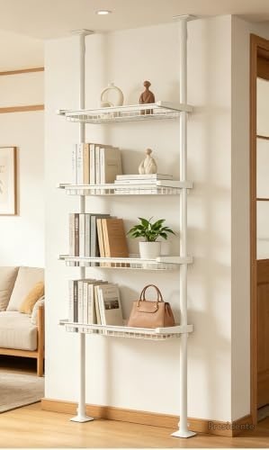 【送料無料】突っ張りラック つっぱり棚 幅62cm 高さ145~296cm 4段バスケット付き 穴あけ不要 設置簡単 スリム 伸縮式 棚高調整可能 省スペース 賃貸対応 ウォールラック 多用途収納 キッチン ランドリー トイレ ホワイト 防錆コーティング おしゃれ|Shop Presidente 店