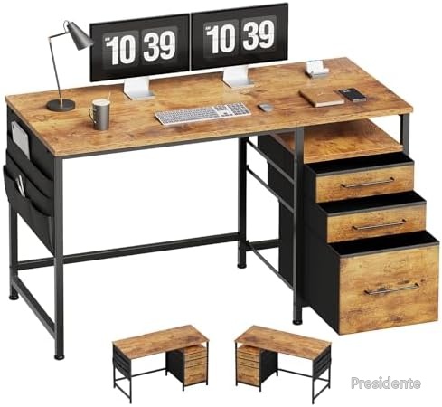 【送料無料】収納付きパソコンデスク 幅120cm 奥行45cm 勉強机 学習机 左右入替可能 布製引き出し サイドポケット ゲーミングデスク 在宅勤務 多目的 安定設計 日本語説明書付き|Shop Presidente 店