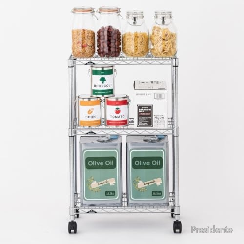 【送料無料】スチールラック 収納棚 幅60cm 3段 耐荷重250kg 防錆加工 サビに強い 業務用 キャスター付き 高さ95.5cm クロームメッキ 大容量 工具不要｜Shop Presidente 店