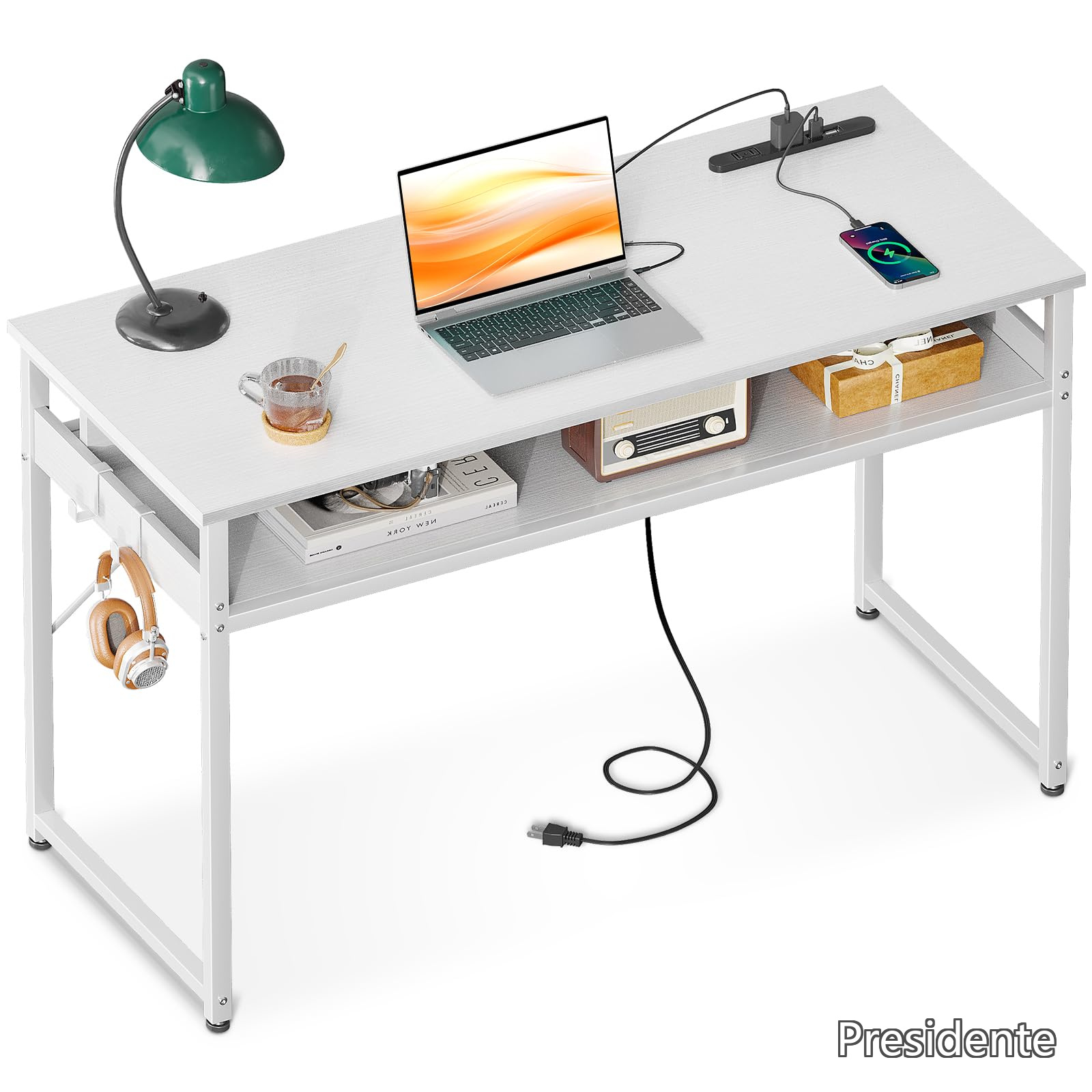 【送料無料】机 pcデスク パソコンデスク 幅100cm ゲーミングデスク 収納付き コンセント付き 勉強机 computer desk ?子 ワークデスク ??? フック2個付き コンパクト テレワーク用 省スペース 組立簡単 白い｜Shop Presidente 店