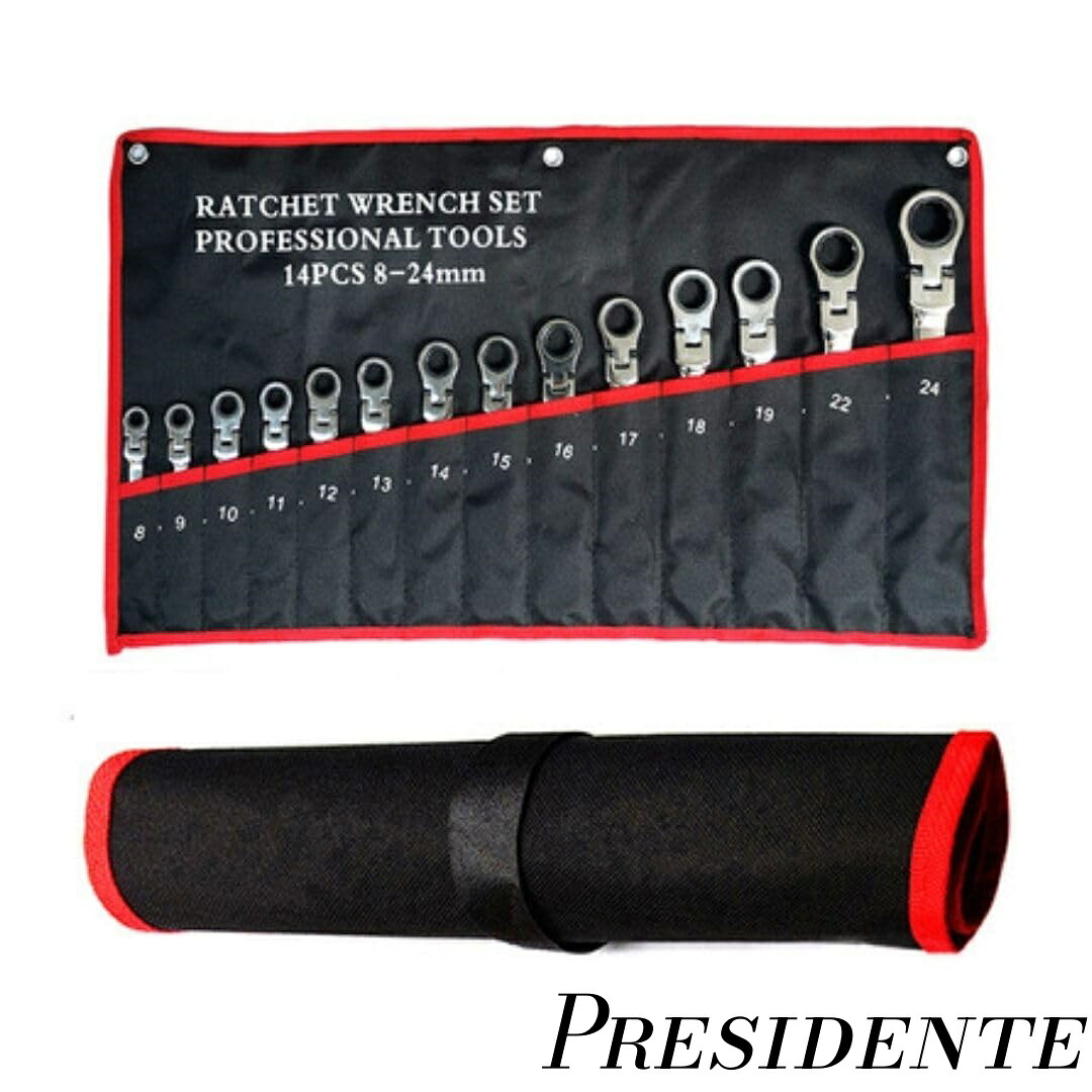 14本セット 首振り ラチェットレンチ ケース付き 8mm~24mm フレックス ラチェット ギア レンチ セット 自動車整備工具 自転車整備 大きさ いろいろ スパナ コンビネーションレンチ ラチェットハンドル トルクレンチ ラチェットレンチ