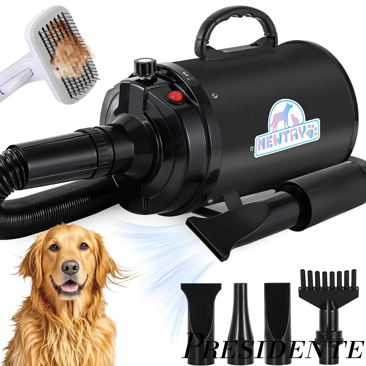 【まとめ買いで最大500円OFFクーポン!】【送料無料】ペットドライヤー 犬用 ペット用 ドライヤー ブロワー 送風機 無段階速度制御 3つのノズル付き ブラシ付き 風速、温度調整可能 大風量 騒音低減 100V 50Hz/60Hz 650-1800W (黒)｜Shop Presidente 店