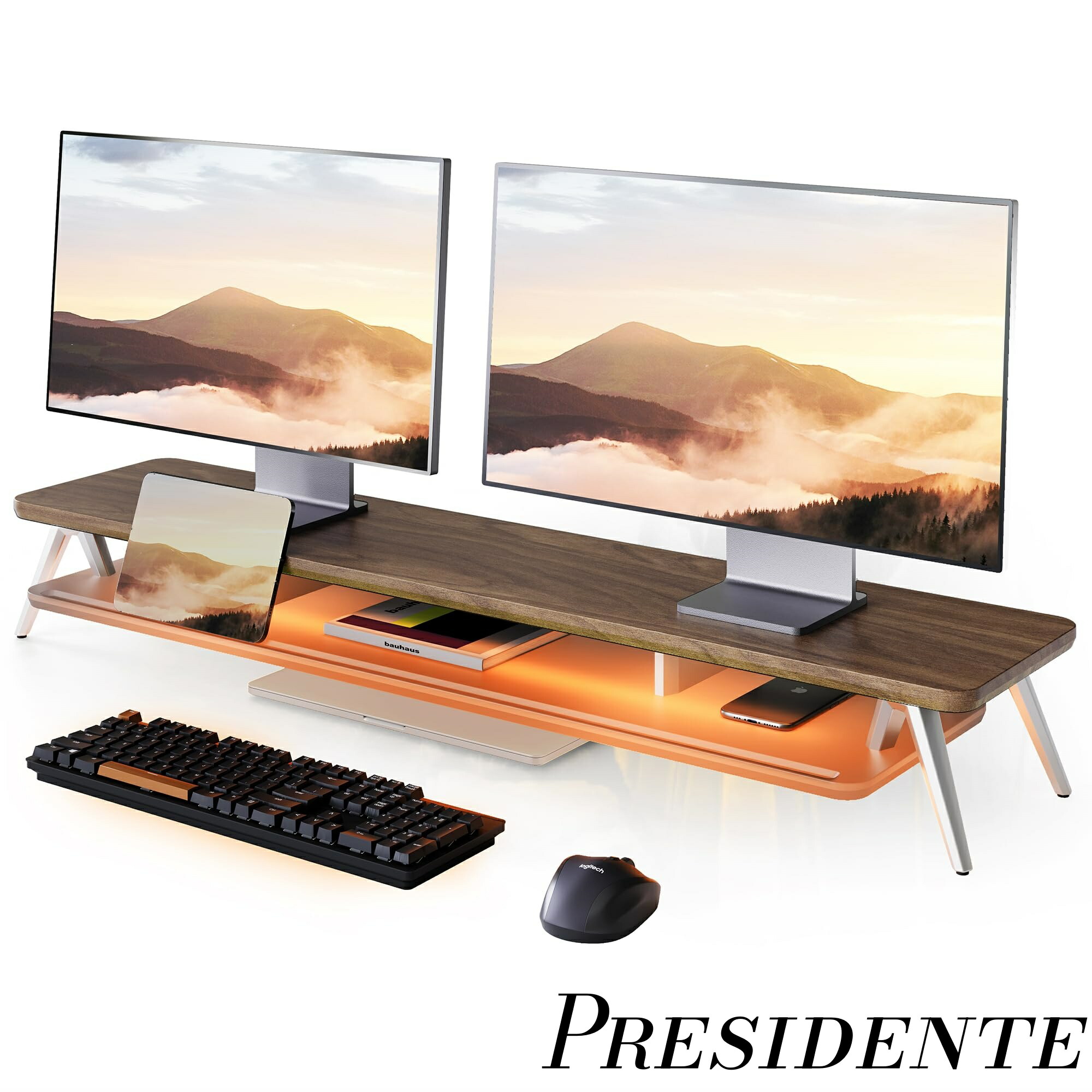 【まとめ買いで最大500円OFFクーポン!】【送料無料】モニター台 卓上 パソコン台 デスクシェルフ pc台 机上台 幅108cm 2段 RGBテープライト付き アルミ製脚 アクリル板 モニタースタンド モニタースタンド パソコンスタンド 卓上収納 整理整頓 (ブラウン)