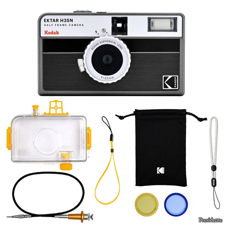 【貨物輸送無料】EKTAR H35N ハーフフレームフィルムカメラ、35粍、再受け入れる能力のある、興味の中心無償性、弁膜役立つこと、内蔵はやりっ子ろ波器、上塗りされた組み換える水晶体 (割り増し金一揃いの道具  縞模様黒いこと)