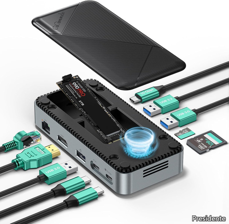 【送料無料】10-in-1 M.2 SSD 外付けケース 10Gbps M.2 NVMe SSDエンクロージャー付きUSB Cハブ 内蔵ファン ドッキングステーション 高速データ伝送 M.2 NVMe/SATA SSDリーダー 4K@60Hz HDMI SD/TF PD 100W急速充電 Windows Mac OS用マルチポートドック GAM2P9 (V1-ファン)|Shop Presidente 店