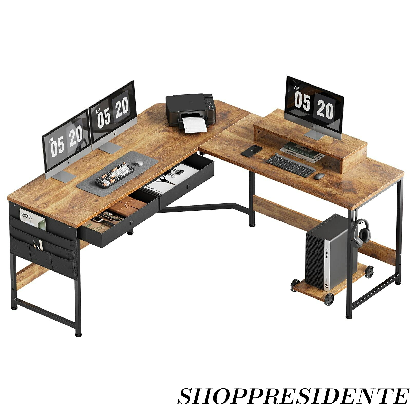 【まとめ買いで最大500円OFFクーポン!】【送料無料】pcデスク 作業机 125cm x 125cm ゲーミングデスク 収納袋付き勉強机引き出し付きデスクL字型 PC 勉強机 作業 在宅勤務 ビンテージ