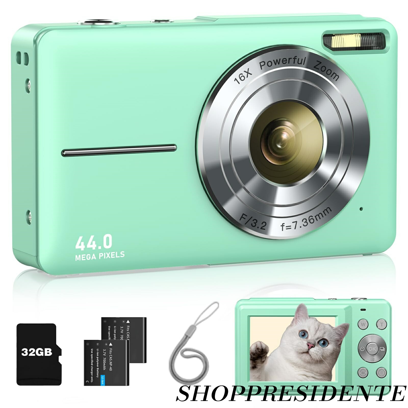 【まとめ買いで最大500円OFFクーポン!】【送料無料】デジタルカメラ デジカメ 4400万画素 1080P動画撮影 オートフォーカス AF機能 HDカメラ 手ブレ補正 軽量 携帯便利 USB C充電 2.4インチIPS画面 32gメモリーカード付属 緑
