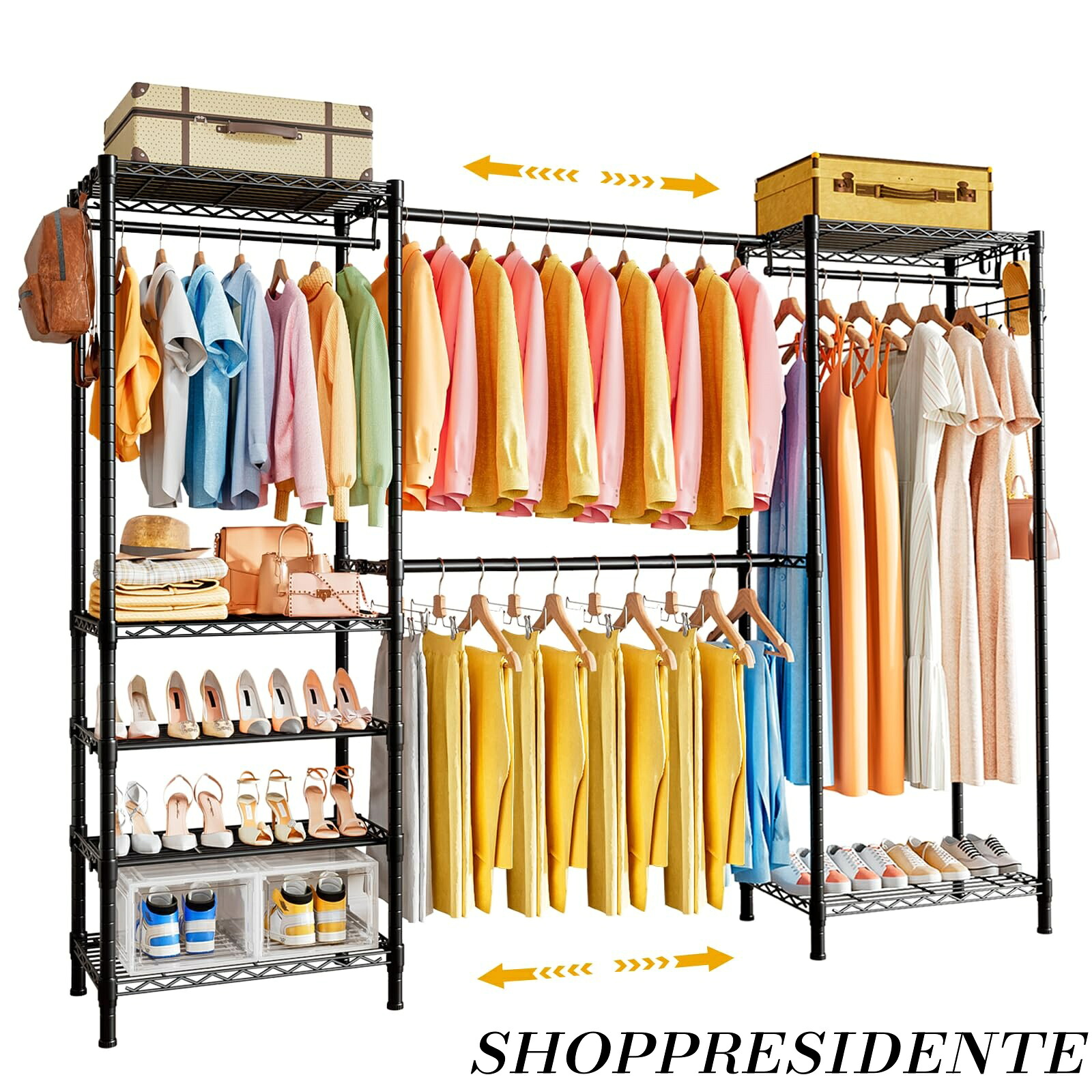 【まとめ買いで最大500円OFFクーポン!】【送料無料】伸縮式パイプハンガー 洋服ラック 洋服ハンガー 大容量収納 幅調節可能 衣類・靴収納ラック 省スペース 170~220*35.5*180cm(ブラック)