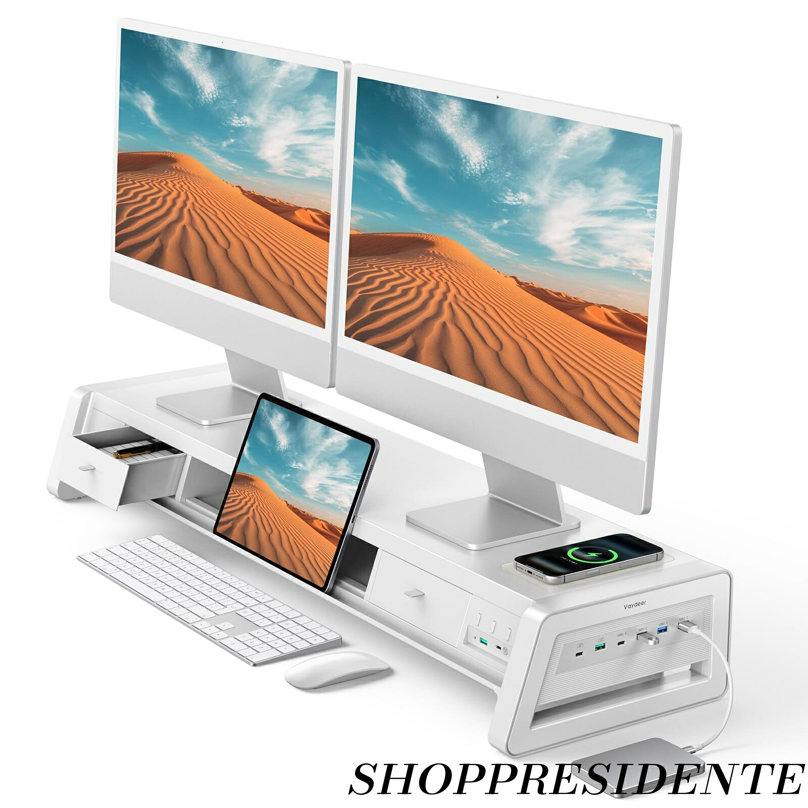 【まとめ買いで最大500円OFFクーポン!】【送料無料】金属製デュアルモニタースタンド スマホ専用置き場付き モニター台 8つのUSBポート、2つの引き出し、LEDライトストリップ付き 机上台 2モニター用 デスクオーガナイザー PCおよびiMac対応(白)|Shop Presidente 店