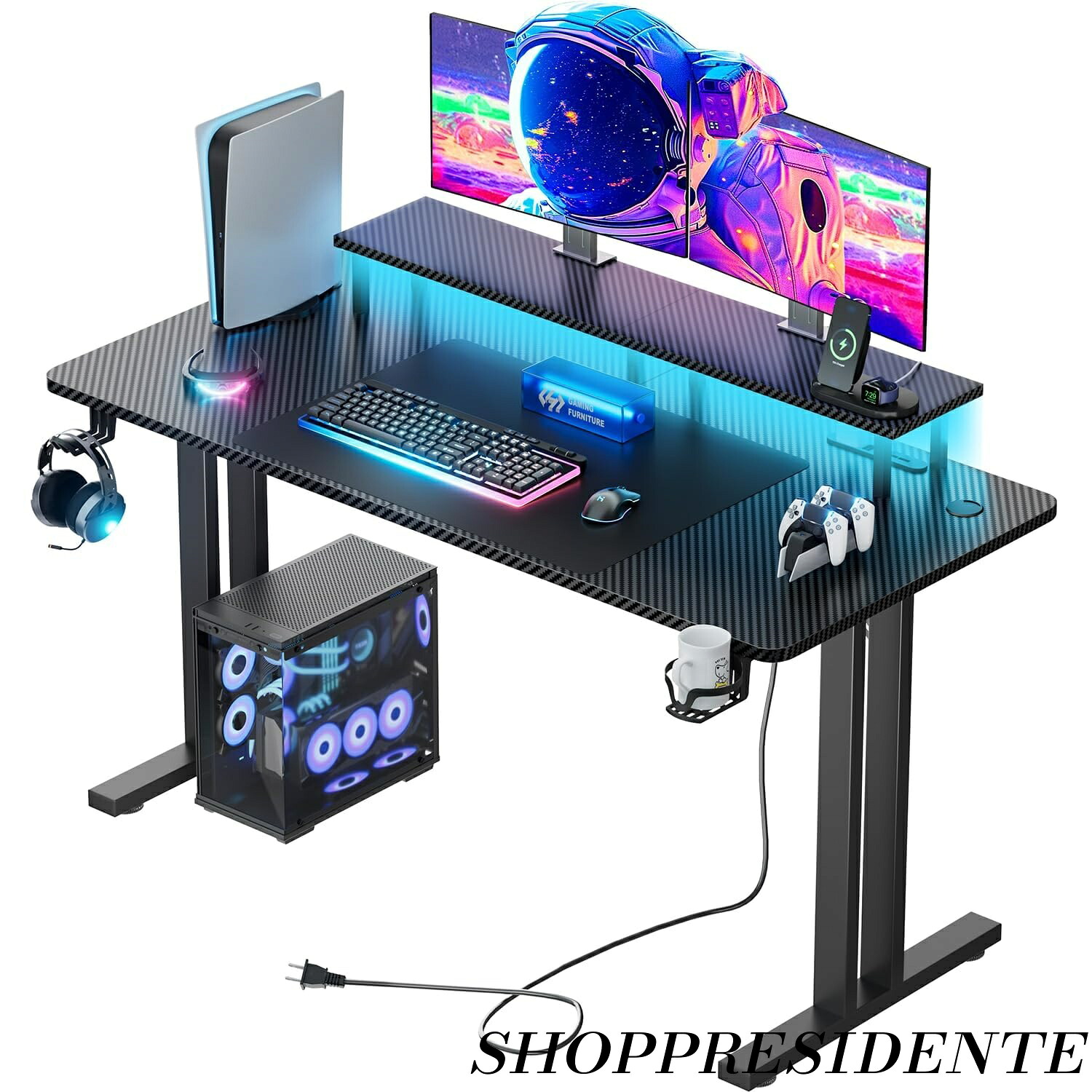 【まとめ買いで最大500円OFFクーポン!】【送料無料】ゲーミングデスク パソコンデスク LEDテープライト コンセント モニタースタンド付属 PCデスク 幅120cm*奥行60cm*高さ74cm 耐荷重80kg 炭素繊維天板 作業机 ゲームテーブル ゲーミング机 カップホルダーとヘッドホンフック