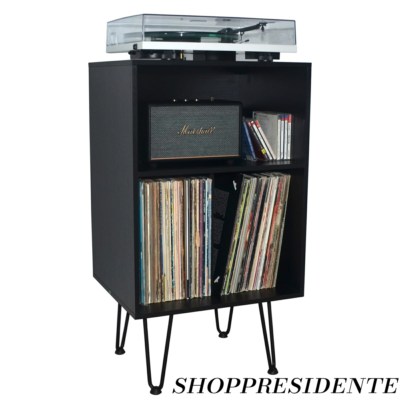 【まとめ買いで最大500円OFFクーポン!】【送料無料】レコードラック レコード棚 3段 木製 ターンテーブルスタンド レコード収納 金属脚付き リビングルーム ベッドルーム オフィス用 60~80枚入り MayRecords (ブラック)