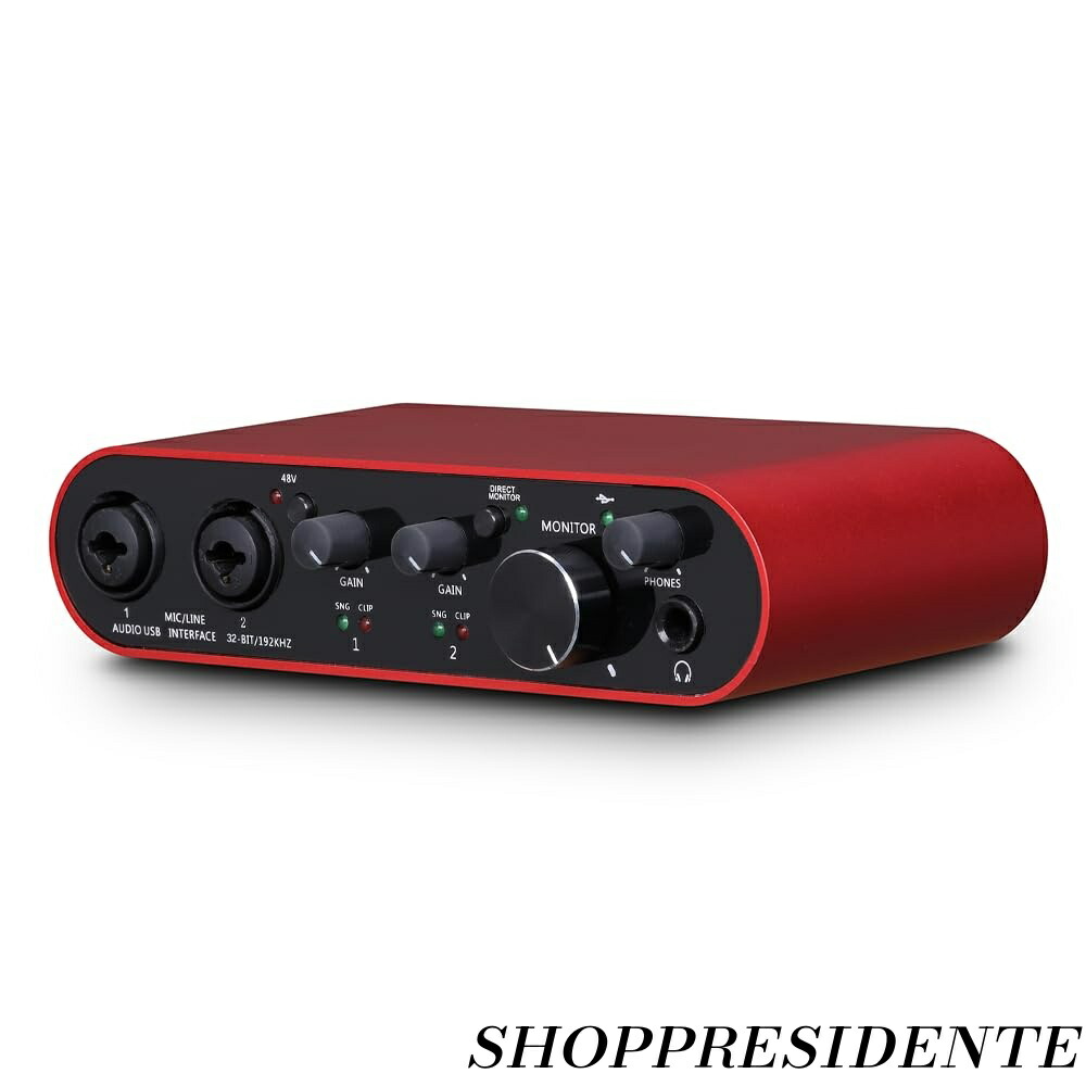 【まとめ買いで最大500円OFFクーポン!】【送料無料】USB オーディオインターフェイス XLR/48V ファンタム電源搭載、32Bit/192kHz ハイファイ、ギタリスト、ボーカリスト、ポッドキャスター、プロデューサー用スタジオオーディオミキサーインターフェイス用 (22S-RED)
