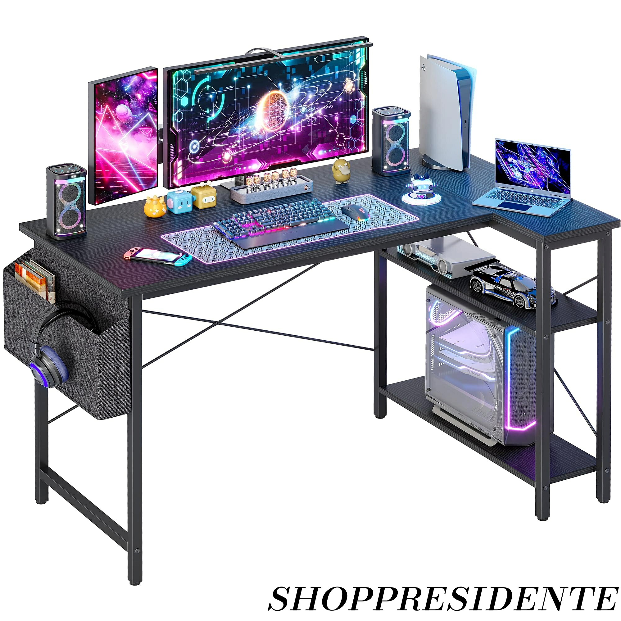 【まとめ買いで最大500円OFFクーポン!】【送料無料】(TIQLAB) L字型ゲーミングデスク 120x70cm パソコンデスク 収納バッグ付き オフィスデスク 小型ライティングテーブル 大型リバーシブル収納棚付き ワークステーション 勉強 遊び 仕事 ホームオフィス用 ブラック