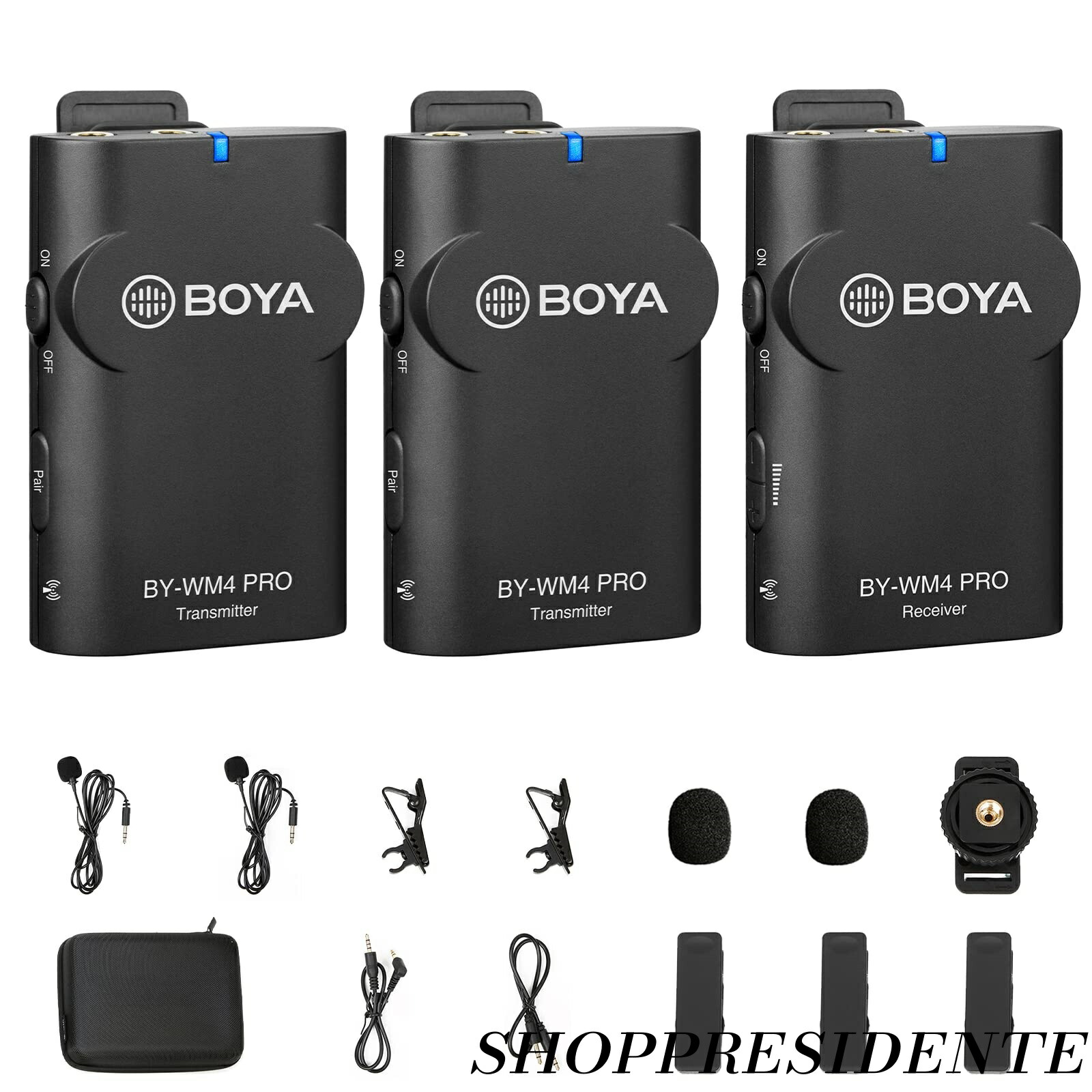【まとめ買いで最大500円OFFクーポン!】【送料無料】BY-WM4 BY-WM4 PRO K2 TRS/TRRS接続 カメラ/スマホ用ワイヤレスマイク(2個送信機+1個受信機)｜Shop Presidente 店