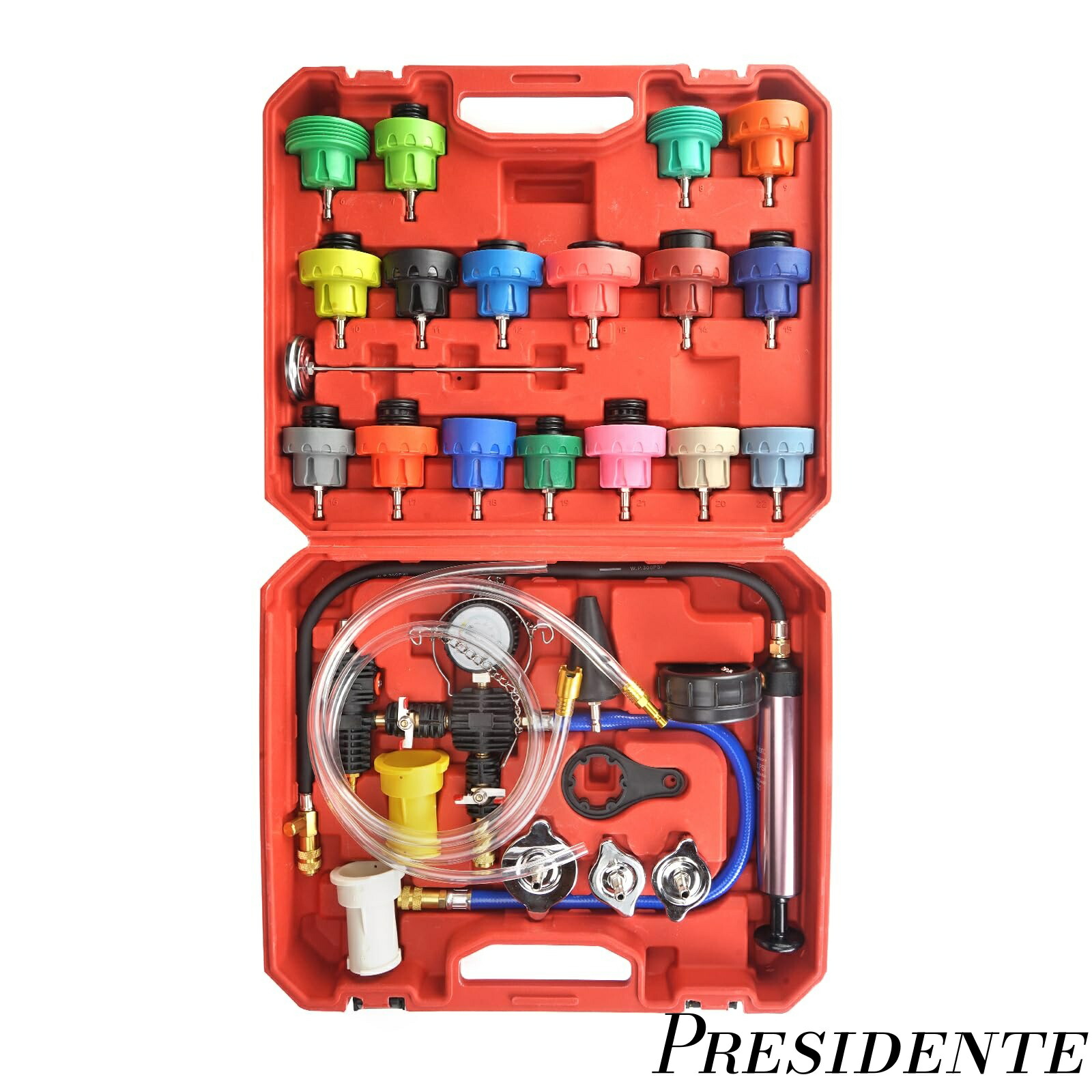 【まとめ買いで最大500円OFFクーポン!】【送料無料】Motor Tech 28pcs 冷却剤の真空の結め換え品のキット、23 のラジエーターのアダプター、ラジエーターの冷却装置圧力テスターのキット、容易な真空のパージ及び結め換えのための冷却剤圧力テスター用具のキットと