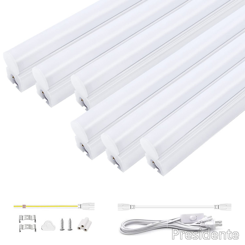 【送料無料】明るく節電 器具一体型 LED蛍光灯 20W形 57cm T5 直管 昼光色 高輝度1350LM 9.5Ｗ 蛍光管 AC85-265V 180&deg;広配光 低発熱 低ノイズ 耐高温 チラツキなし 照明器具 10本連結可 1.8ｍ電源コード 配線工事不要取付簡単（昼光色-57cm-6本）｜Shop Presidente 店