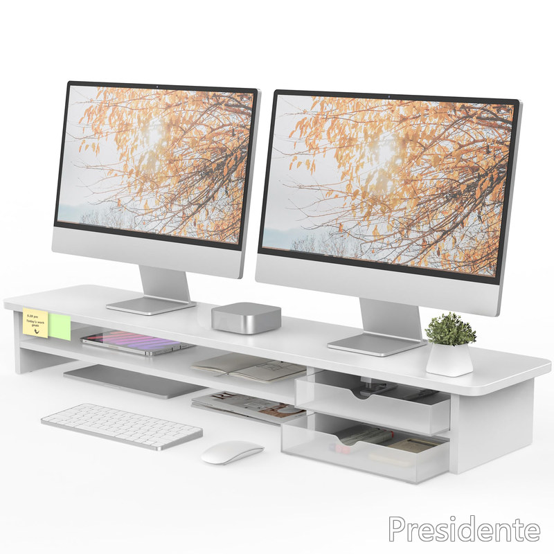 【送料無料】Fenge モニター台 卓上 モニタースタンド パソコン台 机上 2段 108cm 引き出し 木製 アクリル製 白 pcモニター台 ディスプレイ台 机上ラック 卓上収納 pc台 (ホワイト)|Shop Presidente 店