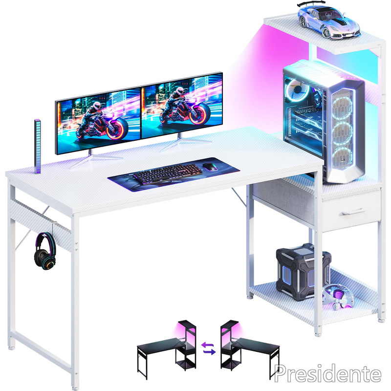 【送料無料】AODK ゲーミングデスク パソコンデスク LED付き 幅140cm(約 ) 机 pcデスク gaming desk 引き出し&棚付き ゲーミングテーブル ゲームデスク フック付き 左右入れ替え対応 カーボン調ホワイト|Shop Presidente 店