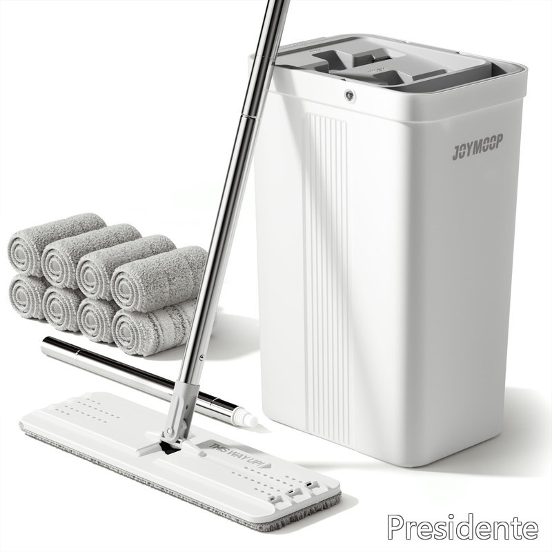 【送料無料】JOYMOOP モップとバケツセット 手動絞り機能付き フラットフロアモップ 壁掃除にも使えるロングハンドル 洗って繰り返し使えるマイクロファイバーパッド8枚 水拭き・乾拭き対応 フローリング対応｜Shop Presidente 店