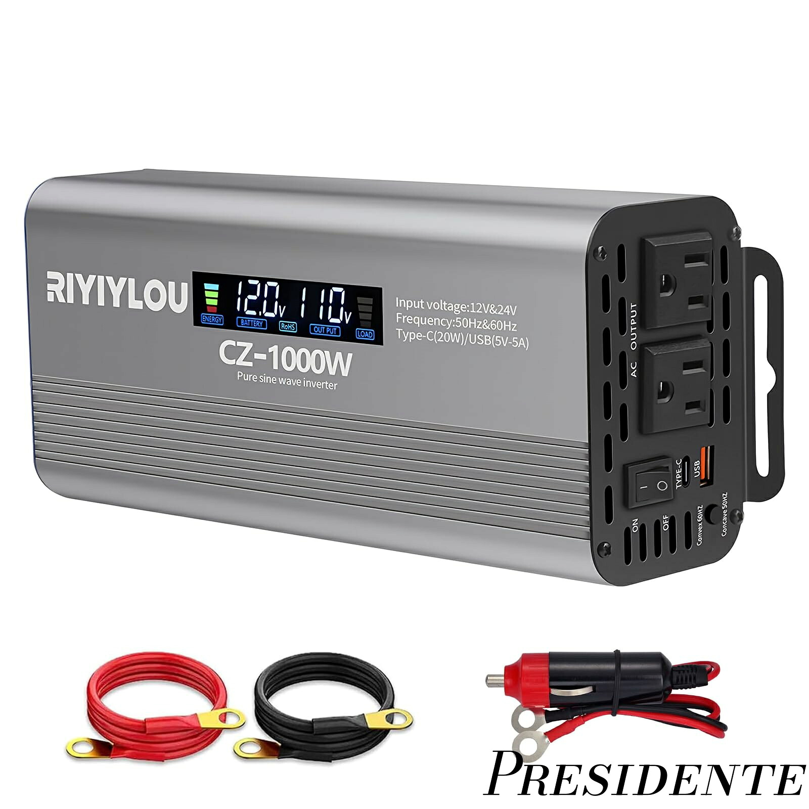 【まとめ買いで最大500円OFFクーポン!】【送料無料】1000W (瞬間2000W対応) 50Hz/60Hzの出力周波数は自由に選択可能で 12V/24V自動対応 LCDカラー画面 バッテリー逆接続保護 TYPE-C急速充電 無音設計 過負荷・過熱保護 車載/家庭/アウトドア用 (1000W)