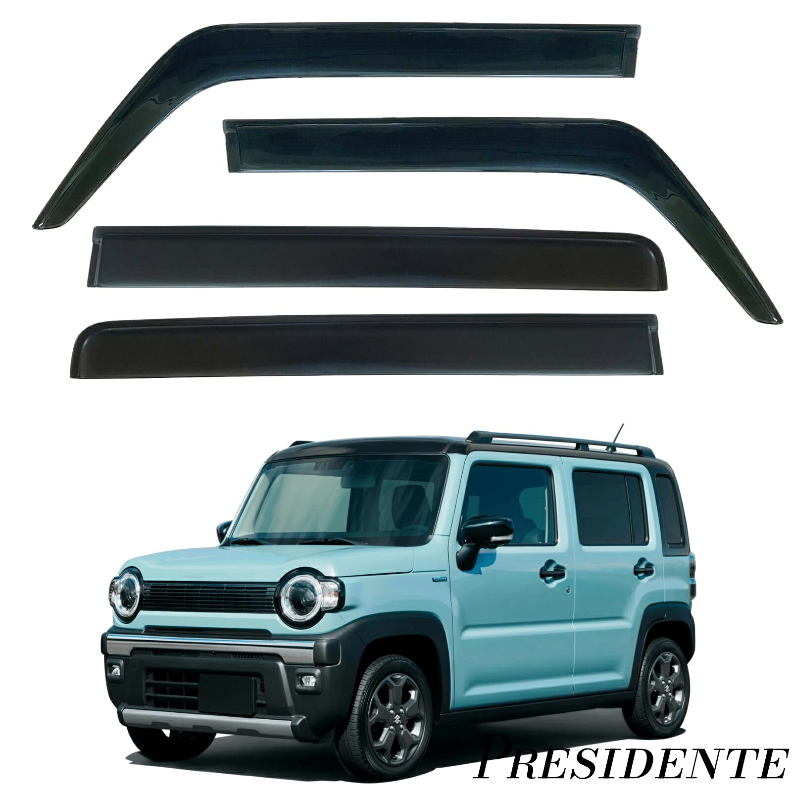 【まとめ買いで最大500円OFFクーポン!】【送料無料】サイドバイザー ハスラー mr92s mr52s R2.1から現行対応 ドアバイザー ウィンドウバイザー 強力両面テープ 泥除け 日よけ 雨除け カスタムパーツ スモーク 外装アクセサリー 4枚セット｜Shop Presidente 店