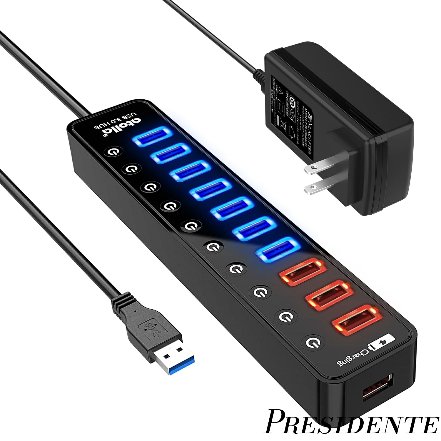 【まとめ買いで最大500円OFFクーポン!】【送料無料】電源付き atolla 7ポート5Gbps高速 USBハブ3.0 の 拡張+ 4充電ポート USB Hub 独立スイッチ付 12V/4A 48W電源付き