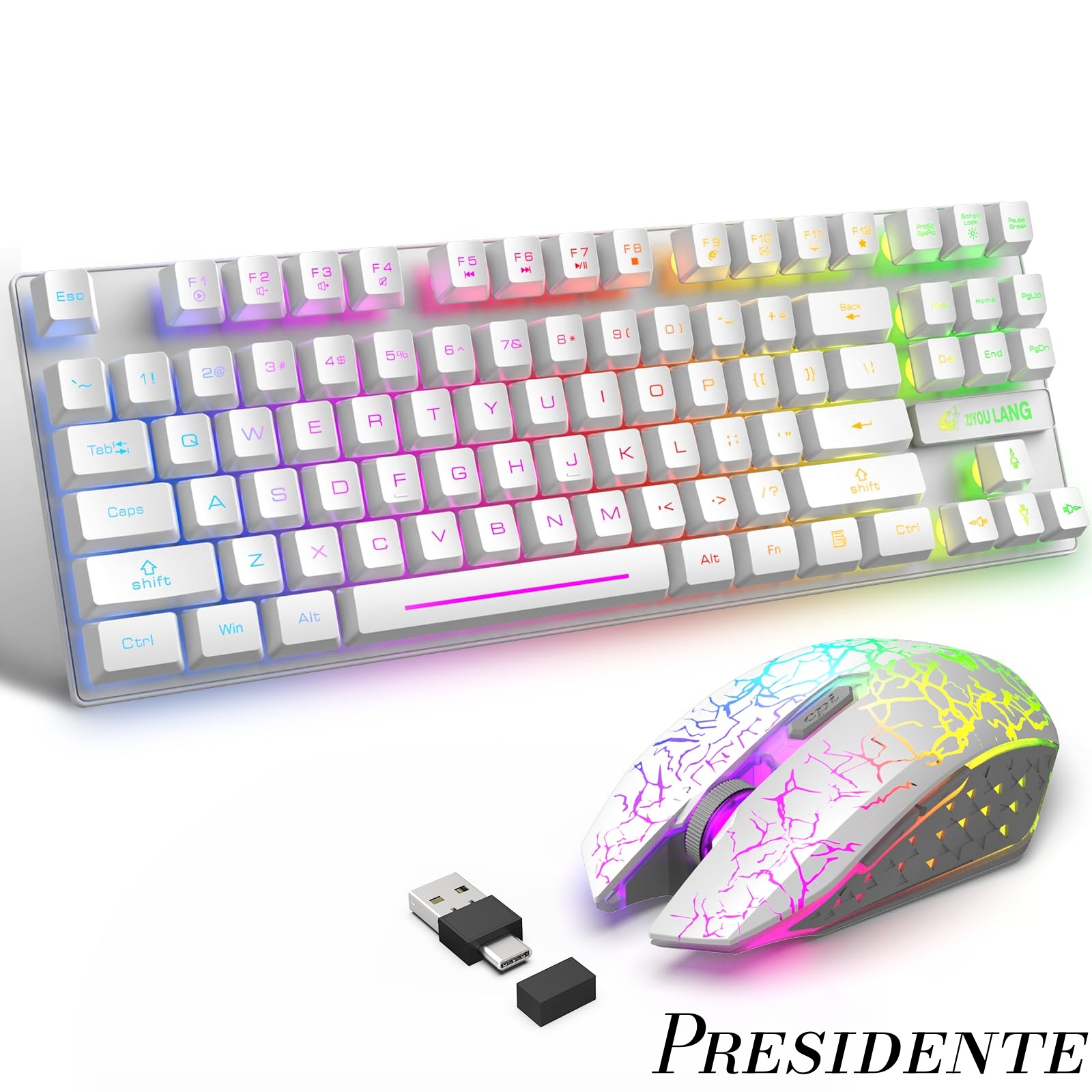 【まとめ買いで最大500円OFFクーポン!】【送料無料】LANG T87 80% 3in1 無線キーボードマウスセット 2.4Gワイヤレスキーボート usb-a type-c 2in1レシーバー レインボーバックライト 87キー コンパクト 充電式 英語配列 800/1600/2400DPI 静音 LED呼吸ライト 多ボタン 人間工