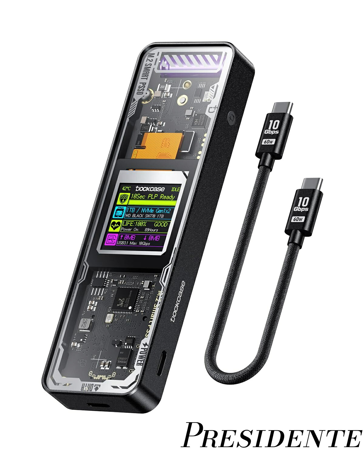 【まとめ買いで最大500円OFFクーポン!】【送料無料】M.2 NVMe SSDケース USB 3.2 Gen 2 Type-C (10 Gbps) IPS液晶ディスプレイと10秒 電源保護(PLP) 2230/2242/2260/2280サイズのNVMe PCIeに対応するハードディスクケース クリア設計 (Black)