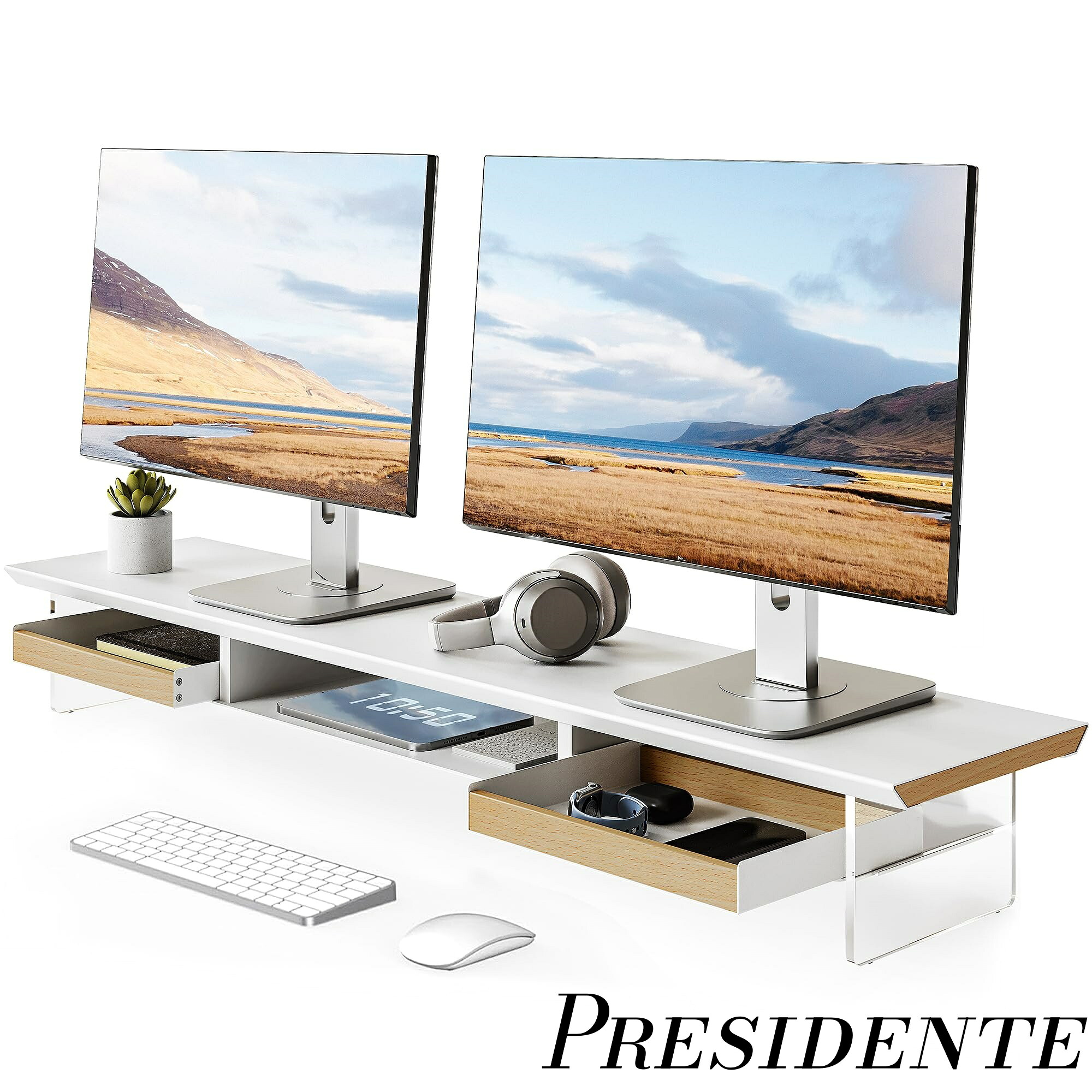 【まとめ買いで最大500円OFFクーポン!】【送料無料】モニター台 卓上 デスクシェルフ pc台 机上台 パソコン台 机上ラック 108cm横幅 2段 無垢材引き出し 鉄製天板 アクリル脚 机上 モニタースタンド ノートパソコン 台 収納 整理整頓 (ホワイト&オーク)
