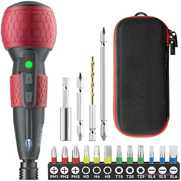 【送料無料】電動ドライバー 小型 強力 【16点ビット付き 収納ケース付き】 電動4N.m 手動10N.m USB-C充電式 高輝度LEDライト 軽量 DIY 操作簡単 女性/初心者対応 2025バージョンアップ版 プレゼント レッド