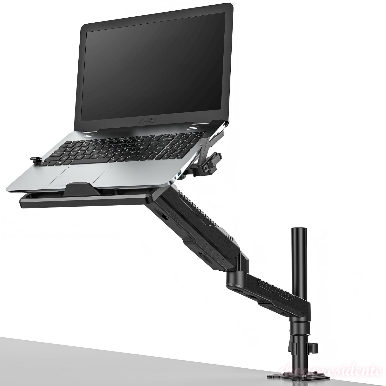 ノートパソコンアーム 安定性UPトレイ付き 11-17インチ対応 高さ12~60cm 多角度調整 ガススプリング式 広く可動域 グロメット式＆クランプ式 モニターアーム 360度回転 15-27インチモニター対応 ノートPCスタンド アーム ディスプレイアーム ケー