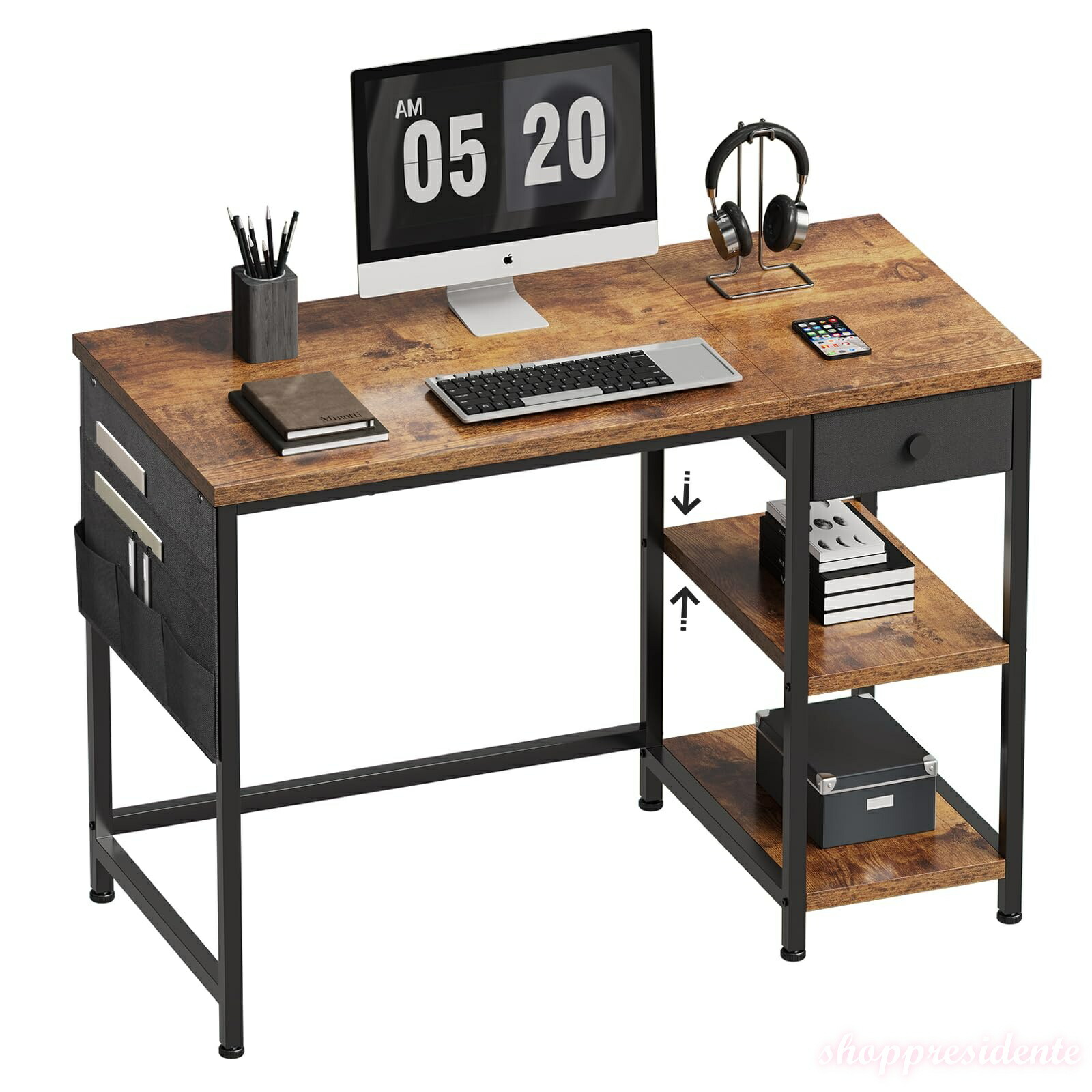 【送料無料】デスク 机 pcデスク パソコンデスク 幅100cm desk 布製引き出し付き つくえ ラック付き ワーク オフィス 収納ラック 収納袋付き 勉強机 学習机 左右入替可 テレワーク 在宅勤務 ビンテージ