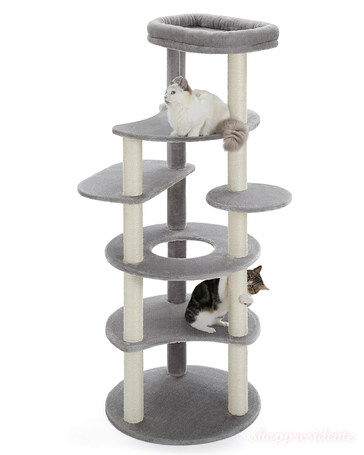 【送料無料】キャットタワー スリム 大型猫用 猫タワー 多頭飼い おしゃれ かわいい インテリア 据置 麻紐 爪とぎ おもちゃ コンパクト 省スペース 人気 運動不足解消 倒れ防止策 -高さ154cm グレー